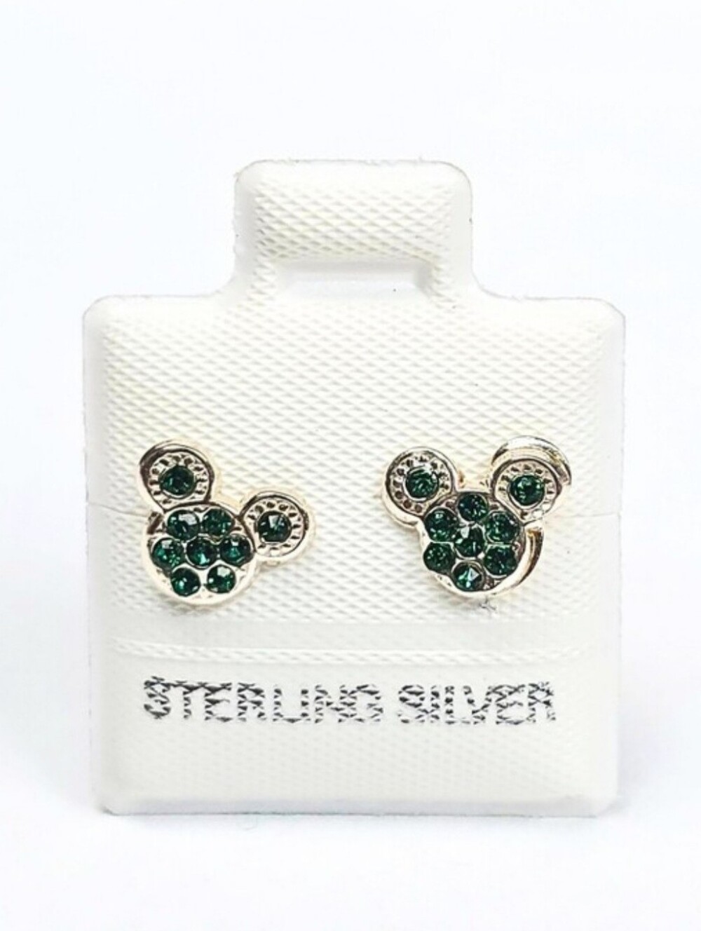 Mickey Mouse Head Stud Earrings Green CZ Women Kids Cute 925 Sterling Silver 7mm